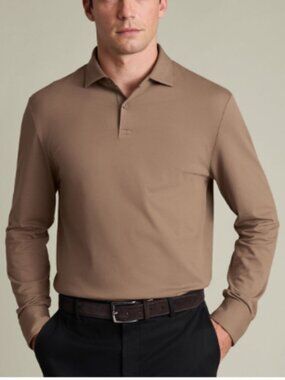 Charles Tyrwhitt Long Sleeve Smart Pique Polo in Camel in Small